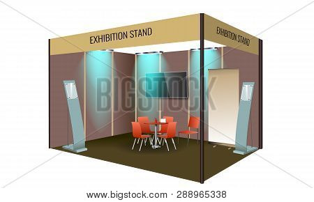 Exhibition Stand Display Design With Table And Chair, Info Board. Commercial Exhibition Booth Templa