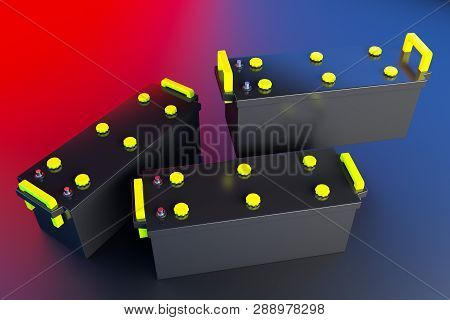 3d Rendering. 24v Battery For Truck On Multicolor Background. Commercial Vehicle Accumulator. Black 
