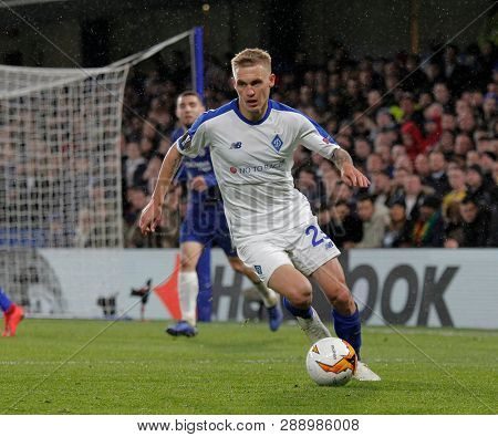LONDON, ENGLAND - MARCH 7 2019: Mykyta Burda of Dynamo Kiev during the Europa League match between Chelsea and Dynamo Kyiv at Stamford Bridge.