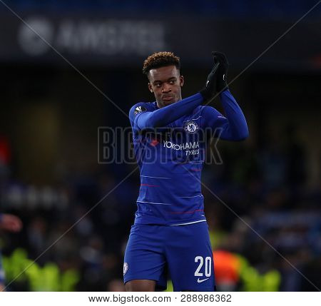 LONDON, ENGLAND - MARCH 7 2019: Callum Hudson-Odoi of Chelsea applauds the fans during the Europa League Round of 16, first leg match between Chelsea and Dynamo Kyiv at Stamford Bridge on March 7 2019