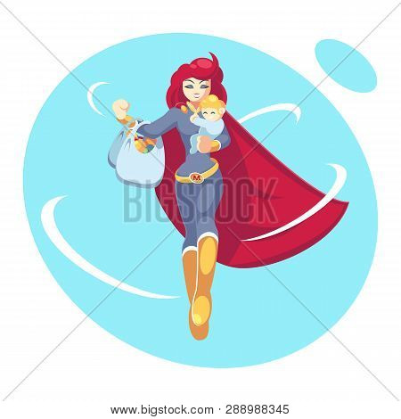 Super Mother Holding Son In Her Arms And Shopping Bags. Woman And Her Boy. Flat Style Cartoon Vector