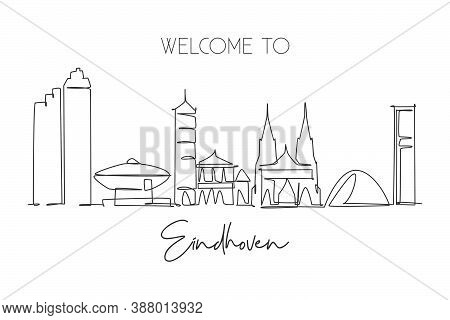 Single Continuous Line Drawing Of Eindhoven City Skyline, Netherlands. Famous Skyscraper And Landsca