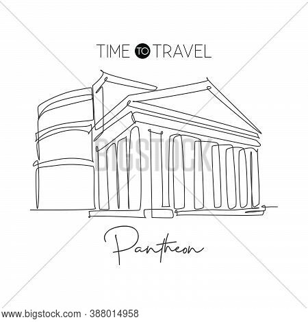 One Continuous Line Drawing Ancient Roman Building Pantheon Landmark. Pantheum Temple In Rome, Italy