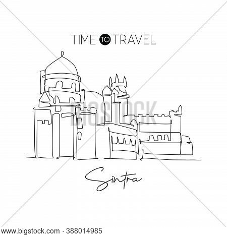One Continuous Line Drawing Pena Palace Landmark. Historical Palacio Da Pena In Sintra, Portugal. Ho