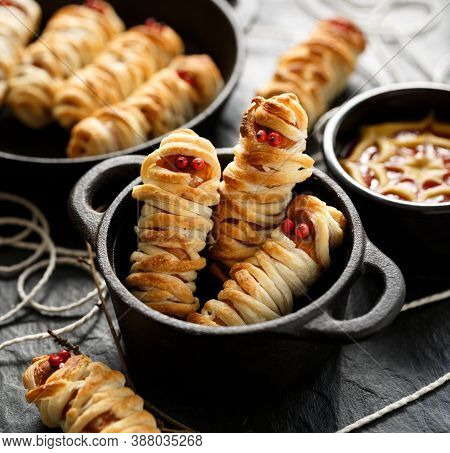 Mummy Dogs Close Up View. Halloween Food Idea For  Party