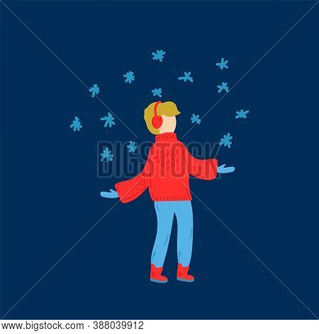 New Years Illustration Of People Under Falling Snow. Winter Scene Of A Girl On A Dark Background. Ca