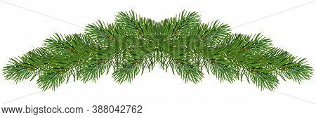Holiday's Greeting Card With A Realistic Garland Of Pine Tree Branches. Wide Green Christmas Decorat