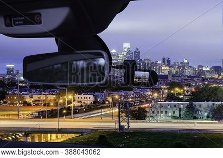 Looking Through A Dashcam Car Camera Installed On A Windshield With View Of Philadelphia Skyline At 