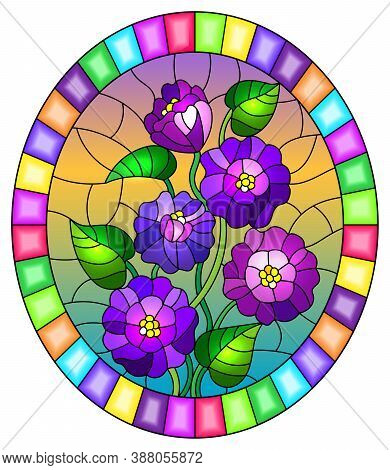 Illustration In Stained Glass Style With A Bouquet Of Purple Tsiniya Flowers, Oval Image In A Bright
