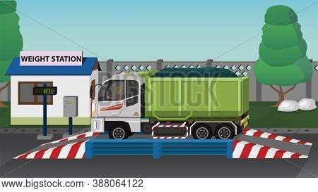 Dangerous Garbage Truck On The Weighing Scale At The Checkpoint. Before And After Transport Operatio