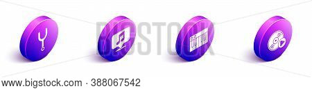 Set Isometric Musical Tuning Fork, Musical Note In Speech Bubble, Music Synthesizer And Vinyl Disk I