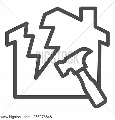 House With A Crack And Hammer Line Icon, House Repair Concept, Reconstruction Sign On White Backgrou