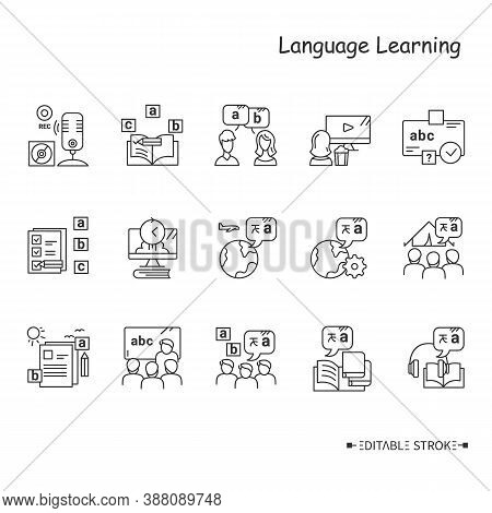 Foreign Language Learning Line Icon Set. Learning Methods, Ways And Processes. Speaking, Listening, 