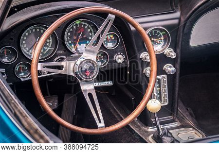 Toronto, Canada - 08 18 2018: Steering Wheel With Logo On Horn Button, Dials And Knobs On Front Pane