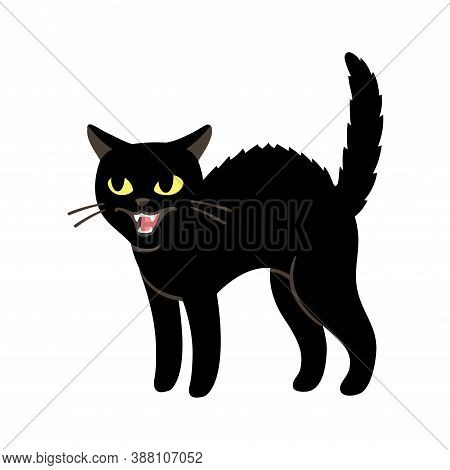 Angry Black Cat Hissing And Threatening With Arched Back And Fur Standing Up. Simple Cartoon Drawing