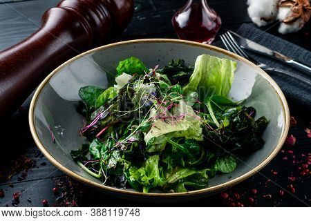 Spring Fresh Salad With Microgreens - Pansies, Lambs Lettuce And Kale Microgreens
