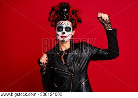 Scary Young Creepy Lady Calavera. Wears Artistic Make-up For The Feast Of All The Dead. Have Fun Dur