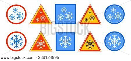 Set Of Road Sign For Cold Isolated On White Background. Snow, Cold, Or Winter Ahead Sign With Snowfl
