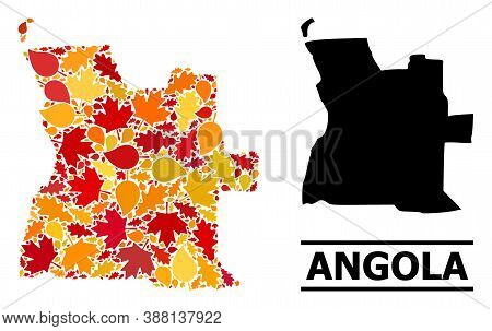 Mosaic Autumn Leaves And Solid Map Of Angola. Vector Map Of Angola Is Composed Of Random Autumn Mapl