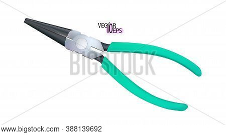 Realistic Needle Nose Pliers With Plastic Or Rubber Handles Isolated On White Background. Hand Tools