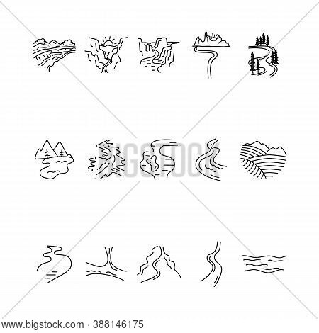 Simple Vector Valleys, Rivers And Mountains Icons Shapes Set. Logo Creation Kit. Outdoor Adventure L