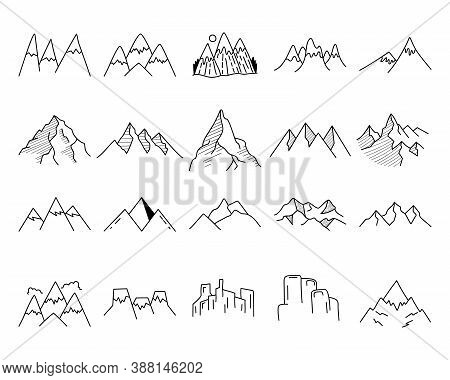 Simple Vector Mountains Icons Shapes Set. Logo Creation Kit. Outdoor Adventure Line Art Mountain Ele