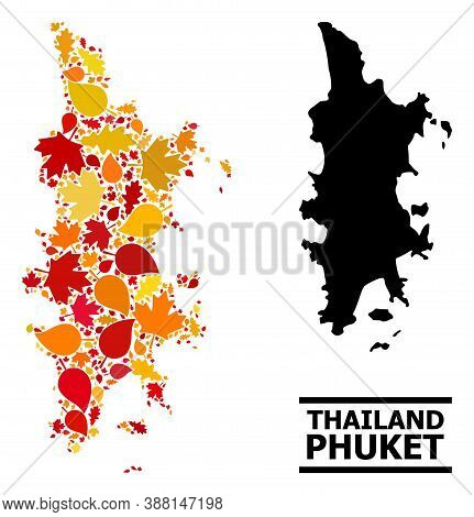 Mosaic Autumn Leaves And Usual Map Of Phuket. Vector Map Of Phuket Is Done From Randomized Autumn Ma