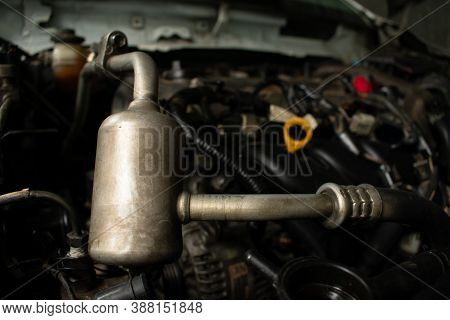 Car Air Conditioner Inside, Open Up Car Engine And Car's Part At Service Station.