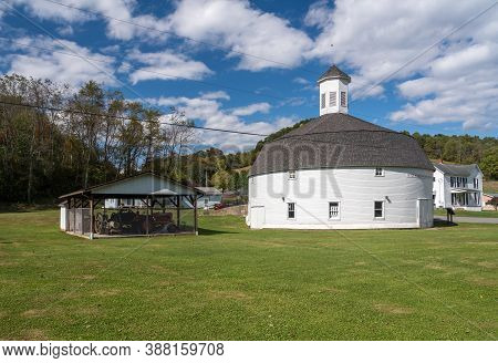 Well Preserved White Wooden Round Barn With Cupola In Mannington, West Virginia
