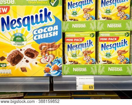 Belgrade, Serbia - September 10, 2020: Nesquik Logo On Cereal Boxes For Sale. Part Of Nestle Group, 