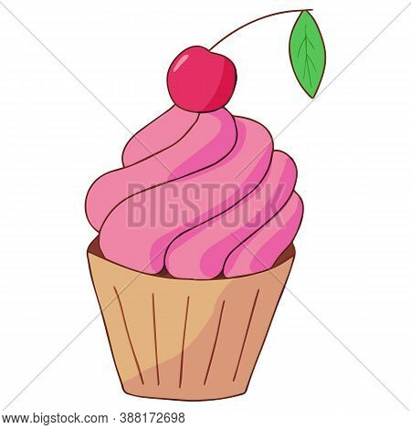 Cupcake With Pink Cream And Cherry On Top