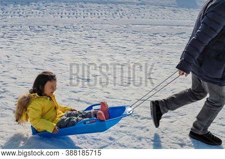 Hokkaido, Japan - December 2019 : Photo Of A Family And Children Are Playing Ski Sliders Together In