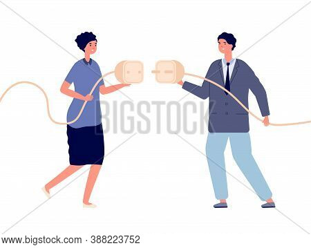 Business Power Connection. Electricity Powering, Woman Cooperation With Man. Cable Plug Connect, Int