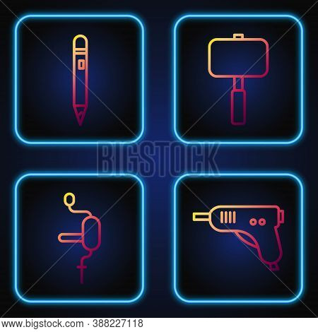 Set Line Electric Hot Glue Gun, Hand Drill, Pencil With Eraser And Sledgehammer. Gradient Color Icon