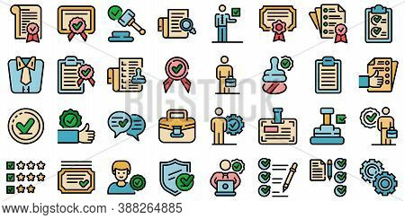 Quality Assurance Icons Set. Outline Set Of Quality Assurance Vector Icons Thin Line Color Flat On W