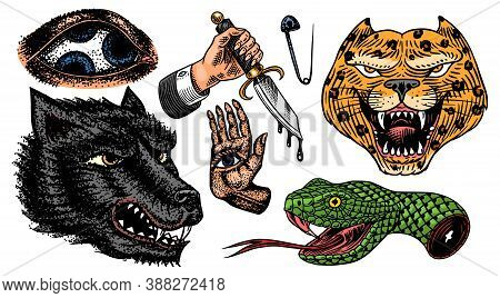 Set Of Fashion Patches. Tattoo Artwork. Mystical Magic Hand. And Snake. Esoteric Dagger, Leopard And