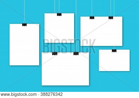 Blank Paperon Clip Poster Wall Vector. Isolated Photo Frame Paper Mockup. Board Card Template On Str
