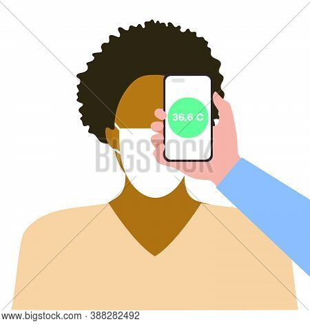 Vector Illustration Phone Placed On Forehead Of Person Remotely Measures Temperature. New Technology
