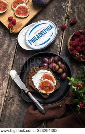 Kiev, Ukraine - September  26 2020: Philadelphia Snacks With Bruschetta, Figs. Delicious Breakfast, 