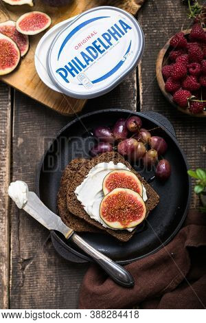 Kiev, Ukraine - September  26 2020: Philadelphia Snacks With Bruschetta, Figs. Delicious Breakfast, 