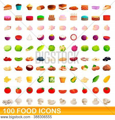 100 Food Icons Set. Cartoon Illustration Of 100 Food Icons Vector Set Isolated On White Background