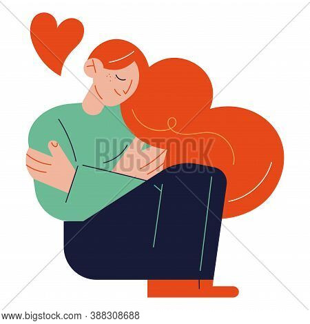 Happy Woman Sitting, Hugging Herself And Feeling Self Love