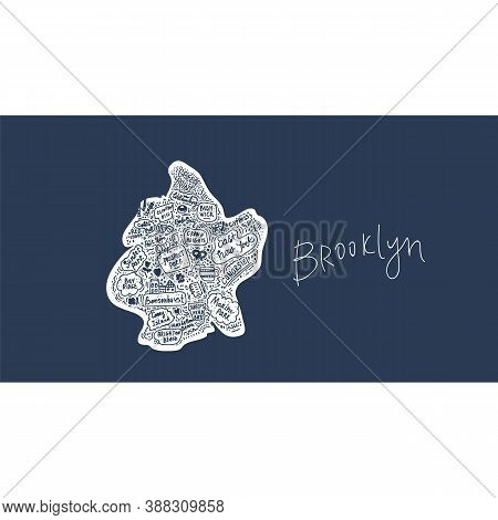 Vector Map Of Brooklyn New York Usa Flat Hand-drawn Illustration. American Attractions States, City,