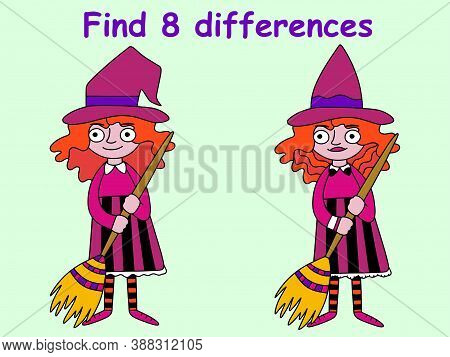 Young Witch Cartoon Character Find 8 Differences Stock Vector Illustration. Smiling Girl With Witch 