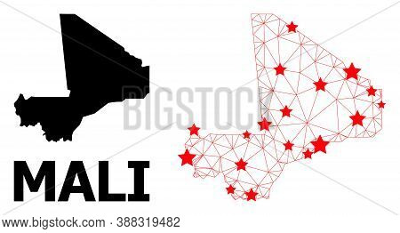Mesh Polygonal And Solid Map Of Mali. Vector Structure Is Created From Map Of Mali With Red Stars. A