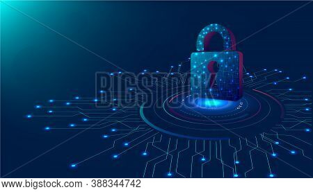 Cyber Security Design. Padlock Lock On Digital Screen, 3d Render Padlock Protection Digital Network 