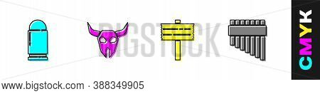 Set Bullet, Buffalo Skull, Road Traffic Signpost And Pan Flute Icon. Vector