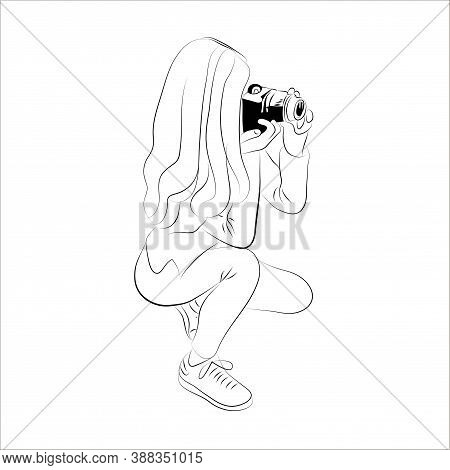 Girl In A Hat Sitting Takes Pictures. A Sketch Of A Seated Girl. Isolated Image Of People.