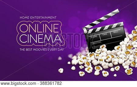 Cinematograpy producer clapperboard in popcorn. Online movies banner template poster concept, copyspace. Clapper in snacks movie theater. Fast food for cinematography entertainment. 3D illustration.