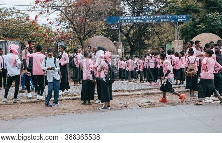 Gondar, Ethiopia, April 22.2019, Ethiopian Students In Uniform Behind Secondary School In Gondar Cit